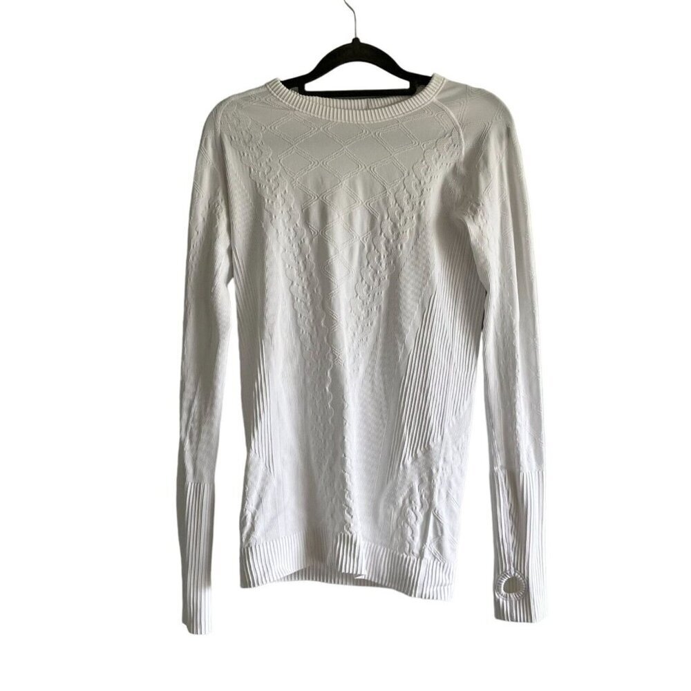 Lululemon Rest Less Pullover Long Sleeve Shirt White Thumb Holes White Pattern 4
